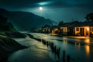 een rivier- Bij nacht met huizen en een vol maan. ai-gegenereerd foto