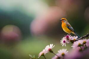 een klein vogel is neergestreken Aan een bloem. ai-gegenereerd foto