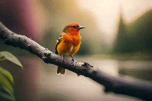 een klein oranje vogel zit Aan een Afdeling in de buurt een meer. ai-gegenereerd foto