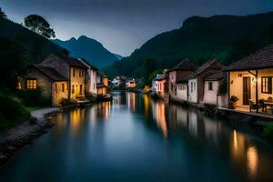 foto behang de lucht, water, bergen, huizen, rivier, nacht, Slovenië,. ai-gegenereerd