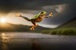 een kikker jumping in de lucht met haar poten verspreiding. ai-gegenereerd foto