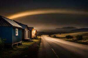 een regenboog over- een weg in IJsland. ai-gegenereerd foto