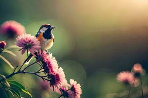een vogel is neergestreken Aan een bloem. ai-gegenereerd foto