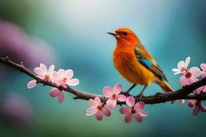 een kleurrijk vogel zit Aan een Afdeling met roze bloemen. ai-gegenereerd foto