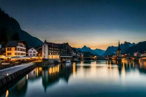 de stad- van hallstatt Bij schemering. ai-gegenereerd foto