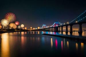 vuurwerk over- de baai brug. ai-gegenereerd foto