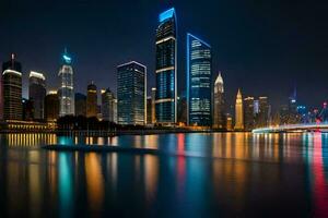 de stad horizon Bij nacht met lichten reflecterend uit de water. ai-gegenereerd foto