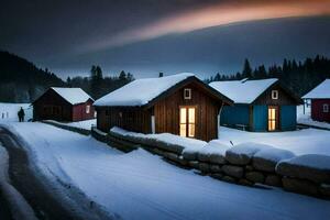 een rij van houten hutten in de sneeuw. ai-gegenereerd foto