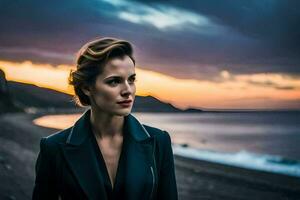 een vrouw in een zwart pak staat Aan de strand Bij zonsondergang. ai-gegenereerd foto