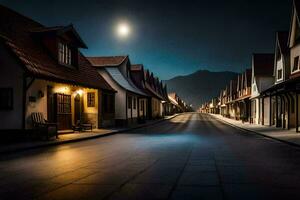 een straat Bij nacht met een vol maan. ai-gegenereerd foto