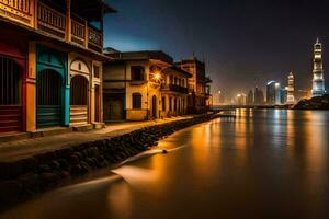 foto behang nacht, de stad, gebouwen, de water, dubai, de burj k. ai-gegenereerd