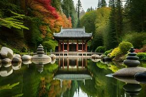 een Japans pagode zit in de midden- van een vijver. ai-gegenereerd foto