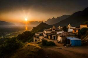 de zon stijgt over- een dorp in de bergen. ai-gegenereerd foto