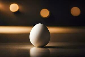 een ei zittend Aan een tafel in voorkant van een lit kaars. ai-gegenereerd foto
