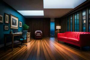 een kamer met een rood bank, bureau en ramen. ai-gegenereerd foto