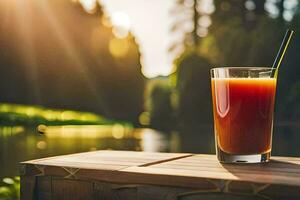 een glas van oranje sap Aan een houten tafel. ai-gegenereerd foto