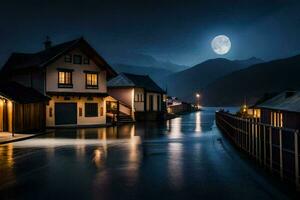 foto behang de maan, nacht, huizen, de maan, de lucht, de water, de. ai-gegenereerd