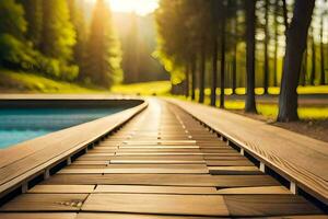 een houten loopbrug Leidt naar een zwemmen zwembad. ai-gegenereerd foto