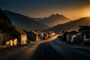 een weg in de bergen met een trein spoor. ai-gegenereerd foto