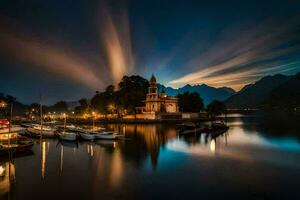 een kerk in de midden- van een meer Bij nacht. ai-gegenereerd foto