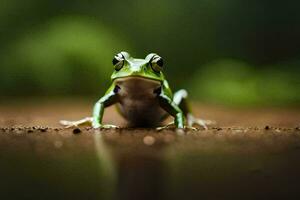 een kikker zittend Aan de grond met een groen achtergrond. ai-gegenereerd foto