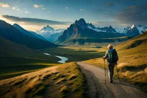een Mens wandelingen langs een aarde weg in de bergen. ai-gegenereerd foto