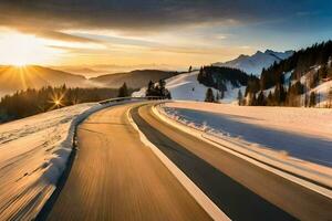 een weg in de bergen met sneeuw en zon. ai-gegenereerd foto