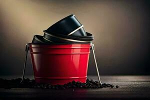 een rood emmer met koffie bonen in het. ai-gegenereerd foto