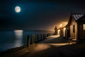 een maanlicht nacht met een weinig houten huizen Aan de oever. ai-gegenereerd foto