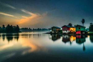 huizen Aan de water Bij zonsopkomst. ai-gegenereerd foto