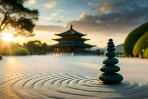 een zen tuin met stenen in de zand. ai-gegenereerd foto