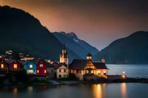 foto behang de lucht, bergen, water, huizen, dorp, Noorwegen, de zee,. ai-gegenereerd