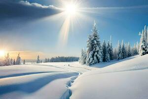 foto behang de lucht, sneeuw, bomen, zon, bomen, de zon, sneeuw, bomen. ai-gegenereerd