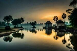 een rivier- met palm bomen en een huis Bij zonsondergang. ai-gegenereerd foto