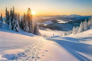 een besneeuwd berg landschap met bomen en een zon instelling. ai-gegenereerd foto