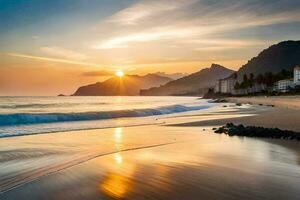 de zon sets over- een strand en bergen. ai-gegenereerd foto