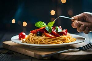 spaghetti met tomaten en basilicum Aan een bord. ai-gegenereerd foto