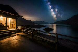 de melkachtig schijnt helder over- een cabine Bij nacht. ai-gegenereerd foto