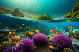 onderwater- tafereel met kleurrijk vis en koraal rif. ai-gegenereerd foto
