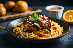 kip borst met spaghetti en tomaat saus Aan een zwart achtergrond. ai-gegenereerd foto