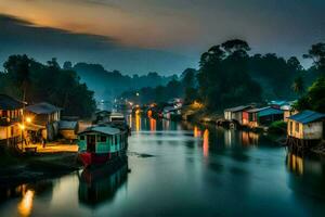 een rivier- Bij nacht met huizen Aan de banken. ai-gegenereerd foto