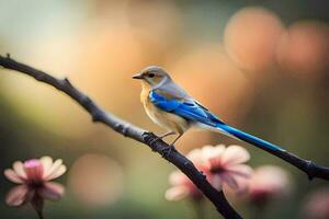 een blauw vogel is neergestreken Aan een Afdeling met roze bloemen. ai-gegenereerd foto