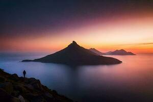 een Mens staand Aan top van een berg Bij zonsondergang. ai-gegenereerd foto