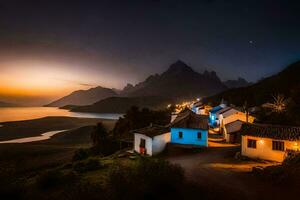 een dorp Bij nacht met blauw lichten Aan de daken. ai-gegenereerd foto