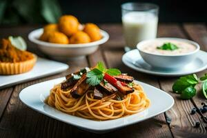 spaghetti met vlees en groenten Aan een houten tafel. ai-gegenereerd foto