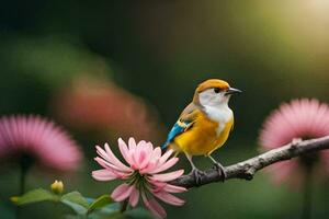 een klein vogel is neergestreken Aan een Afdeling met roze bloemen. ai-gegenereerd foto