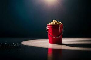 een rood emmer gevulde met popcorn Aan een donker oppervlak. ai-gegenereerd foto