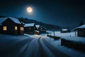 een besneeuwd weg in voorkant van een huis Bij nacht. ai-gegenereerd foto