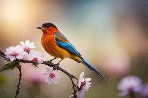 een kleurrijk vogel zit Aan een Afdeling met roze bloemen. ai-gegenereerd foto