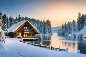 een cabine zit Aan de kust van een meer in de winter. ai-gegenereerd foto